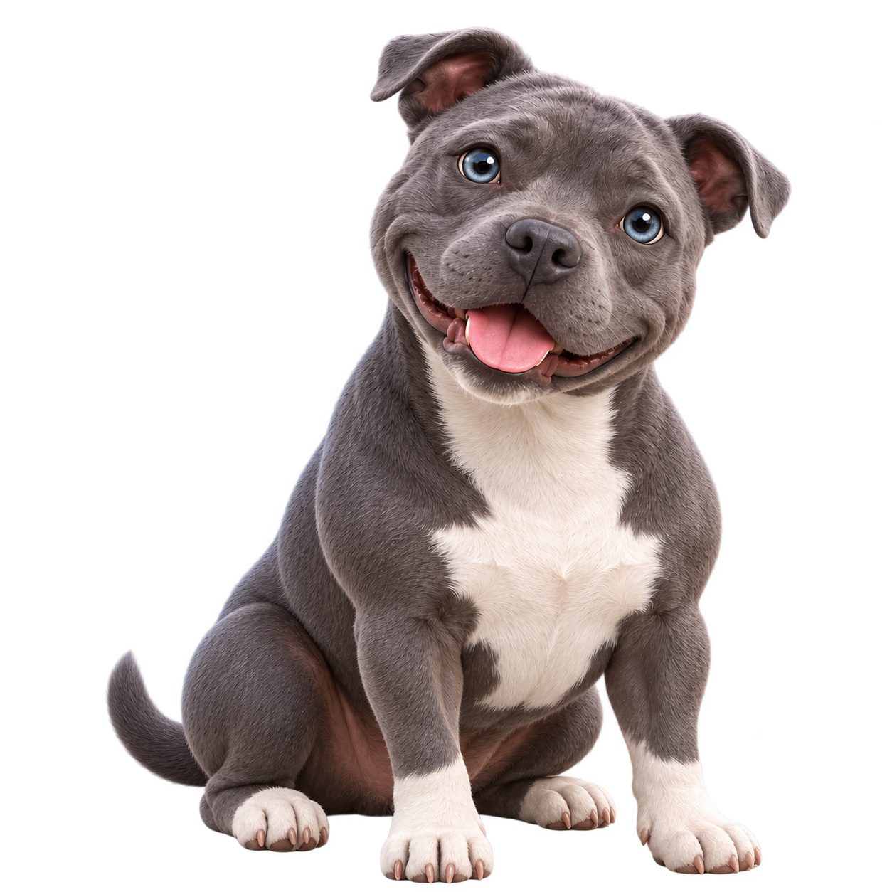 A friendly blue-grey Staffy with blue eyes, a white chest and white socks